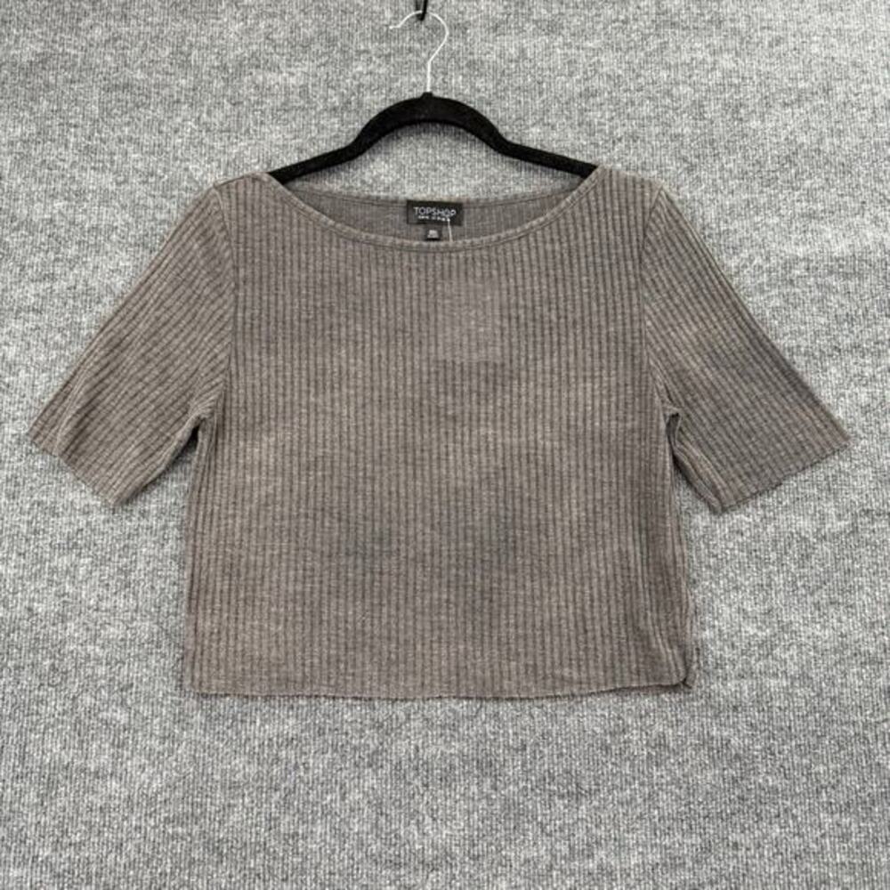 Topshop Womens Cropped T Shirt Tee Size 10 Gray Rib Knit Boat Neck Raw Edge NWT